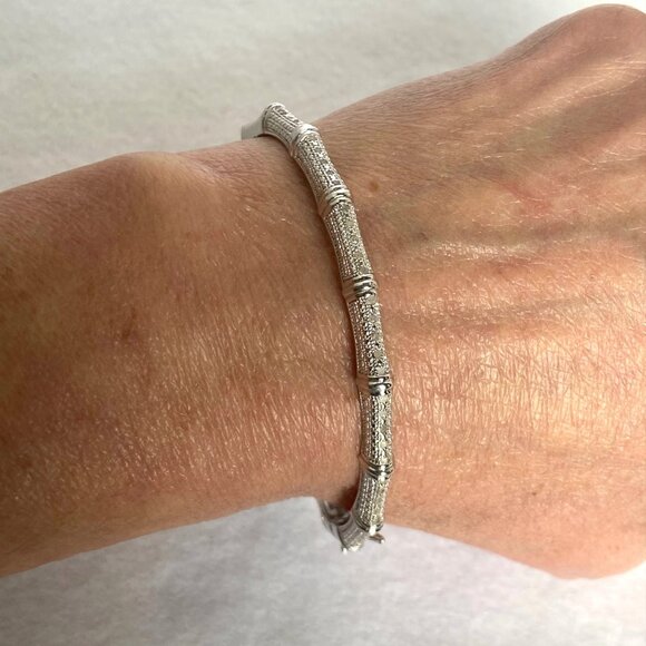 Sterling Silver 925 DBJ Oval Bamboo Hinged Diamond Bangle Bracelet Sz 7.25" - Picture 1 of 16